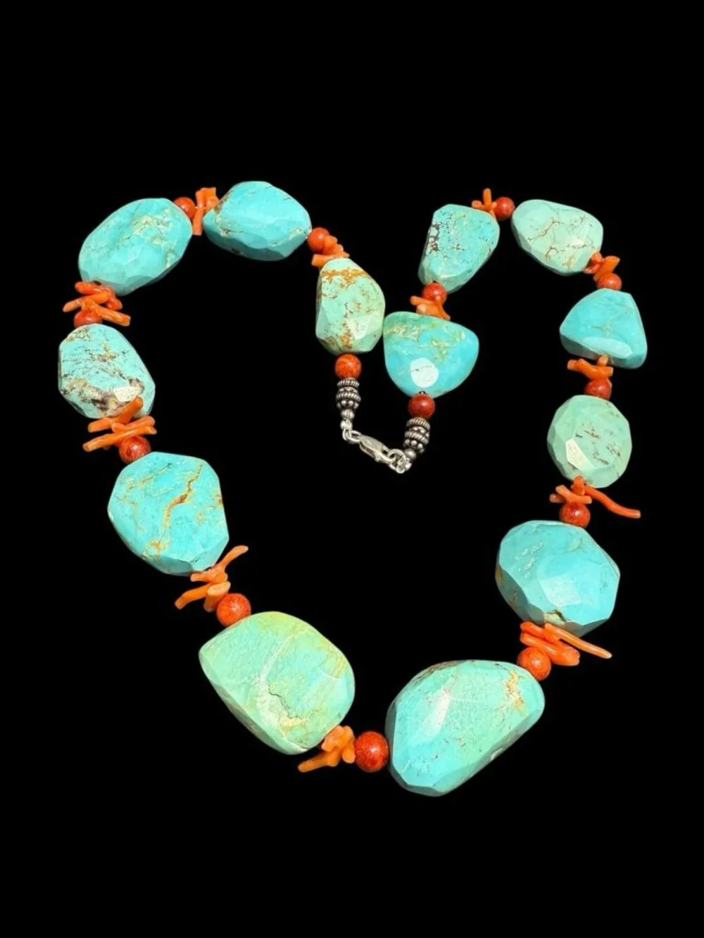 Vintage Turquoise Coral Bead Necklace Sterling Silver Clasp Statement